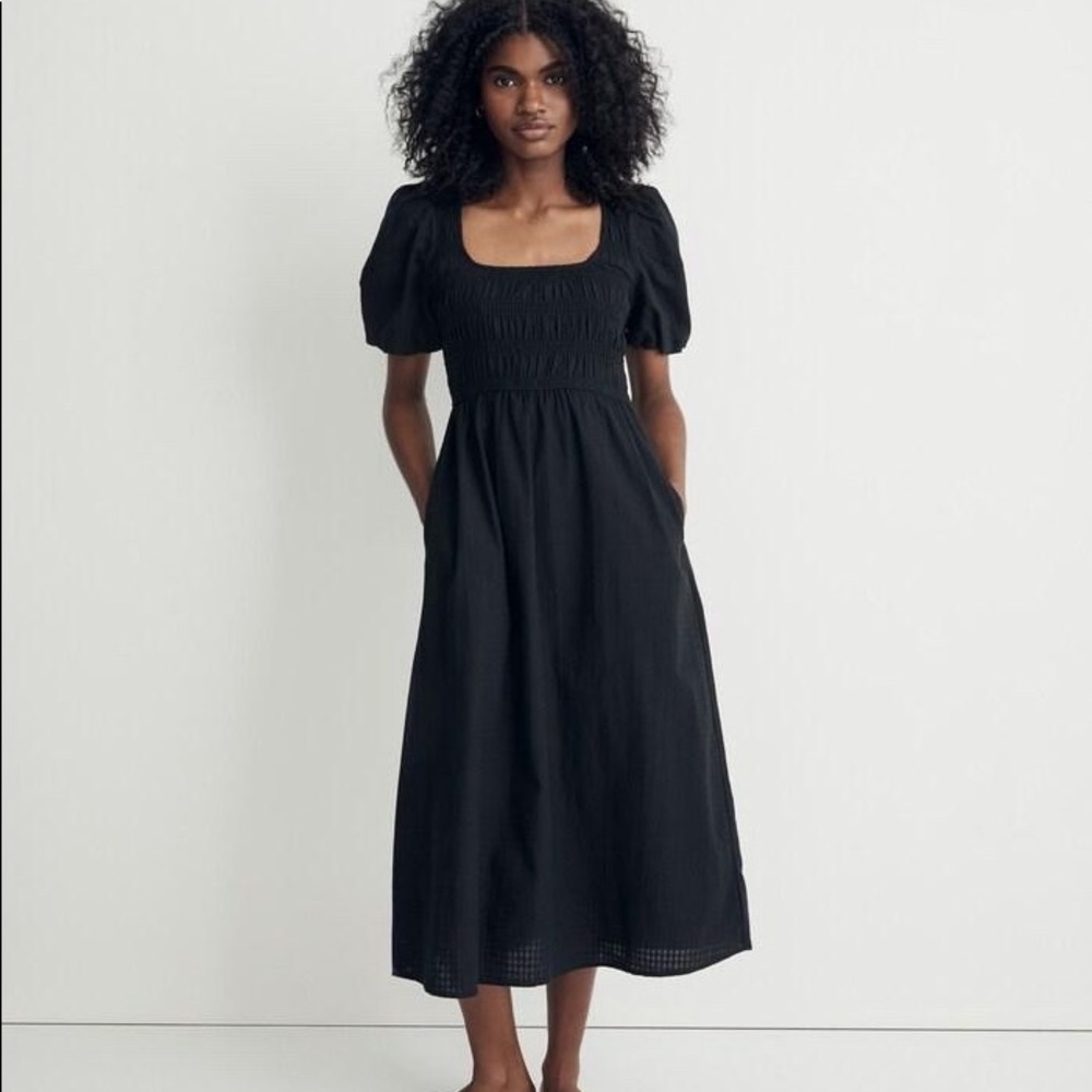 Lucie Elbow-Sleeve Smocked Midi Dress